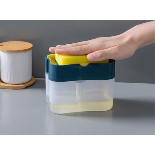 2In1 Dish Soap Dispenser Scrubbing Liquid Detergent Dispenser Press-Type Liquid Soap Box Pump Organizer with Sponge Kitchen Tool