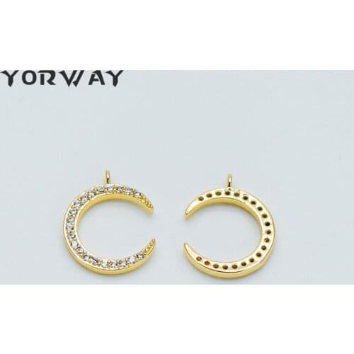 4pcs/Lot CZ Paved Gold Moon Charms 13.5x11mm, Real Gold Plated Brass, Half Moon Ring Pendants (GB-379-1)