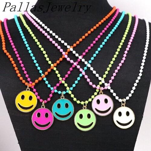 5Pcs Summer Simple Design Fashion smile face enamel charm pendant necklace, colorful beads chain necklace for gifts
