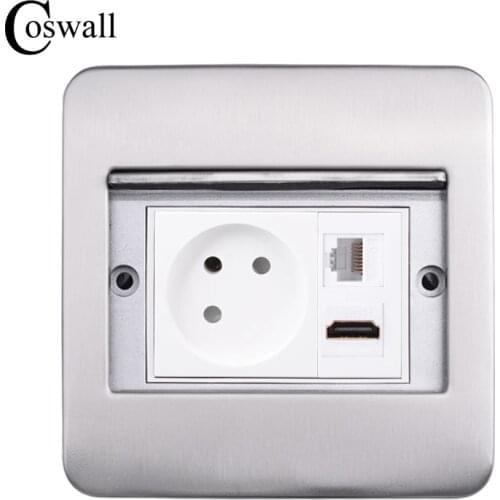 Coswall Stainless Steel Cover Hidden Floor / Table Socket Israel Outlet USB Charge Port CAT6E Internet HDMI-compatible Jack