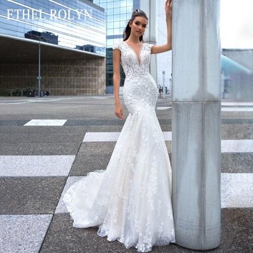 ETHEL ROLYN Fashion Backless Luxury Beaded Mermaid Wedding Dresses Sexy Deep V-neckline Short Bride Dress Romantic Wedding Gowns