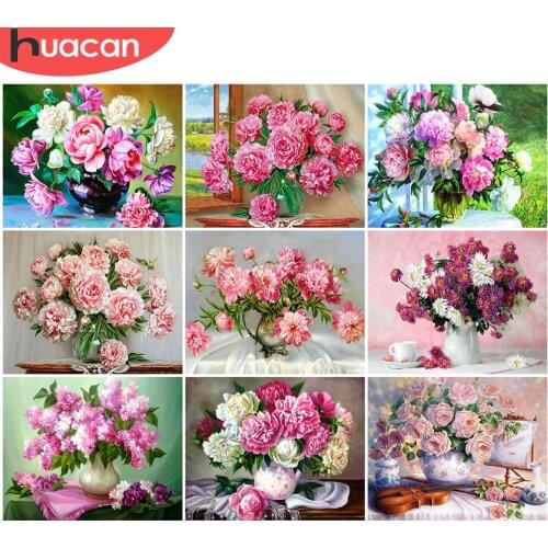HUACAN Diy Picture By Numbers Flower In Vase Kits For Adults Handpainted DIY Painting By Number Pink Magnolia Home Decoration