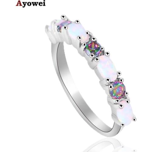 Delicate Rings Rainbow Zircon White Fire Opal Silver Stamped Wholesale Fashion Jewelry Ring USA Sz #6#7#8#9#10 OR752A