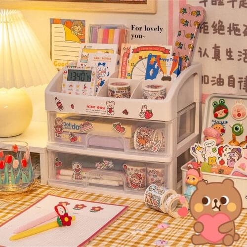 Kawaii Large Capacity Transparent Drawer Type Desktop Organizer Storage Box Pen Holder School Cute Office Stationery Storage