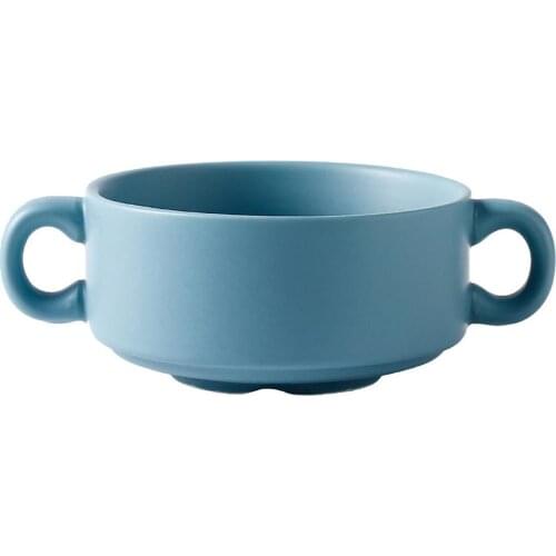 Creative ceramic double ears breakfast soup bowl simple solid color household baby steamed egg bowl for dinner small bowl
