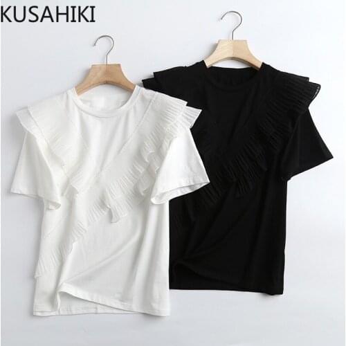 KUSAHIKI Korean Ruffle Patchwork Chic Graphic Tees Women Summer Short Sleeve O-neck Tshirts Causal Top Shirt 2021 New 6K610