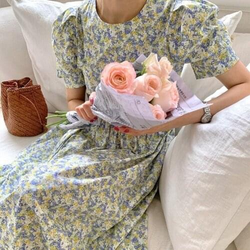 Summer Korean Casual Dress Woman Short Sleeve Dress Soft Floral Dresses with Bubble Sleeve Elegant Party Dress Robe Femme 15092