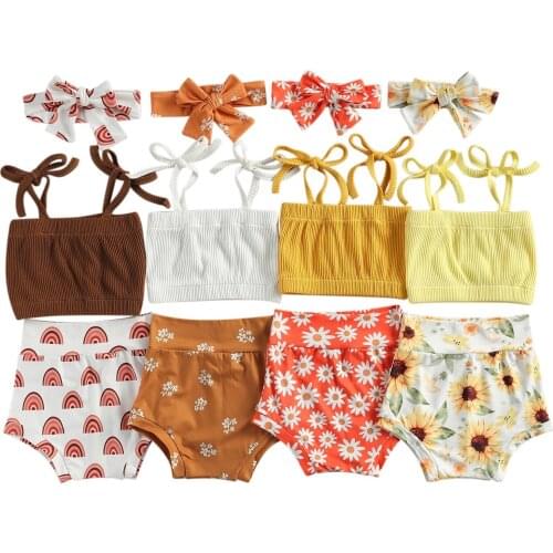 3Pcs Baby Girl Summer Outfits, Bow Tie Strap Tank Tops + Short Pants + Headband Se