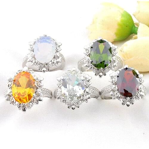 MIX 5 Pieces Holiday Gifts Big Offer Oval Citrine Morganite Garnet Topaz Moonstone Peridot Gemstone Silver Rings Mix Size 7 8 9