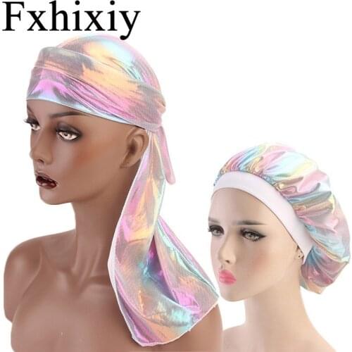 Fashion Men Womens Sparkly Silky Durag Bandana Headwear Wide Doo Rag Bonnet Sleeping Cap Couple 2pcs sets