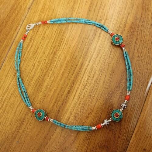 NK198 Nepal Handmade Necklace Ethnic Tibetan 3 Big Round Beads Mini Turkey Stone Necklace For Women