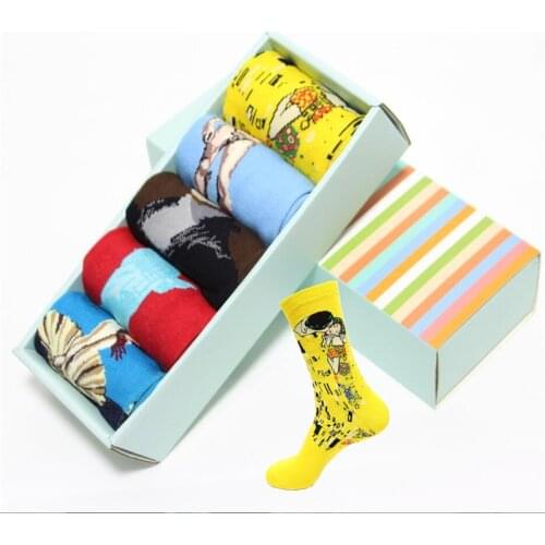 New arrival mens socks cotton gift box 5 Pairs/pack autumn-winter happy long socks man and male famous painting art socks