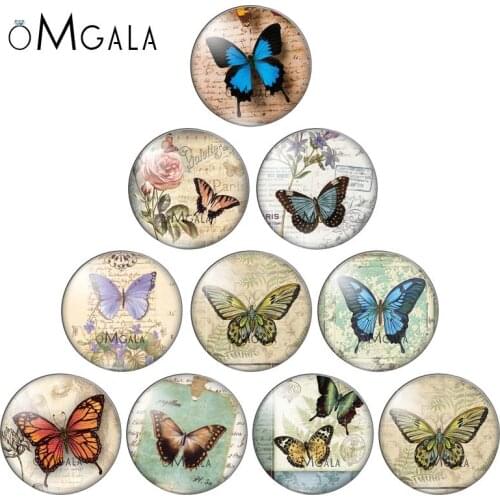 New Beauty Vintage Butterfly 10pcs mixed 12mm/16mm/18mm/25mm Round photo glass cabochon demo flat back Making findings