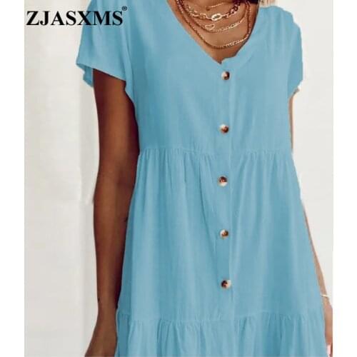 Solid Color Loose Pleated Cotton Linen Dress Women V Neck Button Shirt Dress Spring Summer Short Sleeve Lady Mini Dress Vestidos
