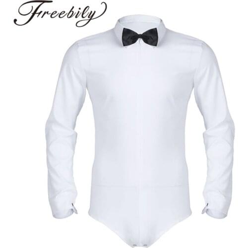 FREEBILY Professional Men Dance Shirt White Men Long Sleeve Zipper Latin Modern Dance Shirt with Bowtie Men 1pc Romper Shirt