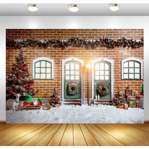 Christmas Theme Backdrop Decorative Tree Gift Window Snow Sheep Red Brick Vintage Wall Photography Backdrops For Photo Studio