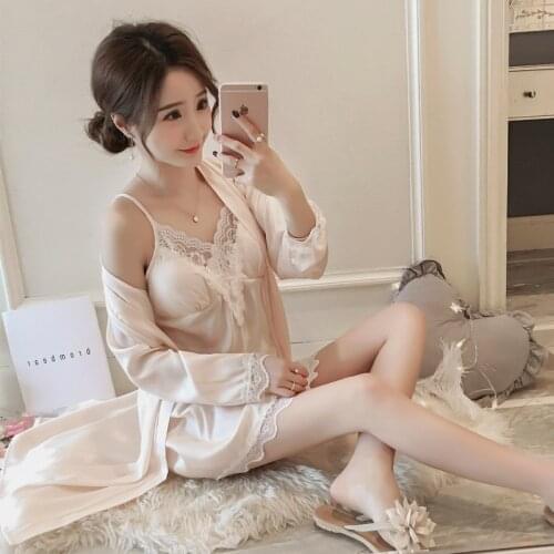 Silk Sleepwear Female Summer Sexy Sleeping Skirt with Breastpad Ice Silk Sleepwear Home Interest Suit Female