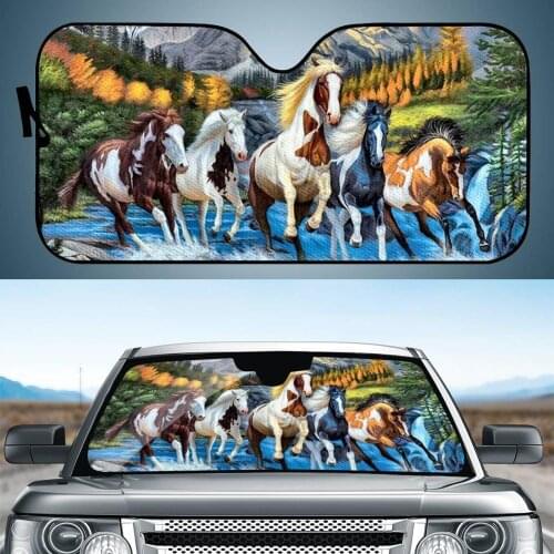 Front Auto Windshield Sun Shade Running Horse Animal Print Foldable Car UV Reflector Automotive Window Sunshade Visor