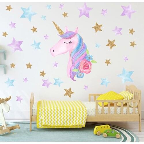 Cartoon Cute Unicorns Star Heart Wall Stickers Wallpaper DIY Vinyl Home Wall Decals Kids Living Room Bedroom Girls Room Decor
