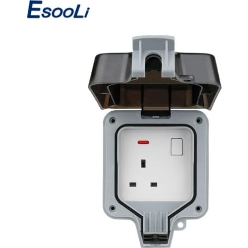 Esooli IP66 Weatherproof Waterproof Outdoor Wall Power Switched Socket 13A UK Standard British Electrical Outlet With Neon