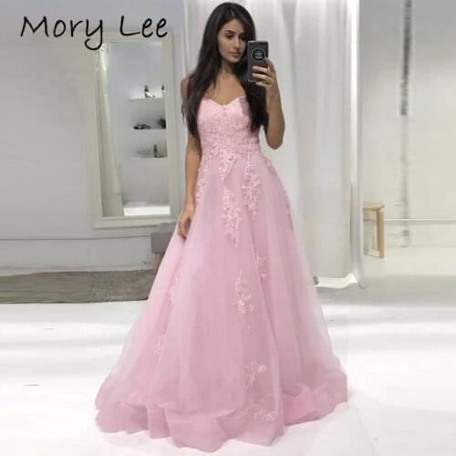 Sweetheart Evening Dresses Pink Floor Length A-Line Soft Tulle Lace Applique Evening Dresses vestidos de fiesta de noche