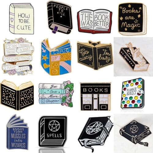 WKOUD Books Brooch Witch Magic Book Hedgehog Reading Magic Crystal PLANNER ADDICT Flower Ribbon Enamel Pins Study Reader Gifts