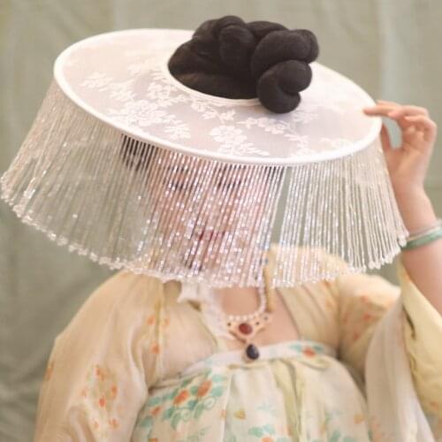 XinHuaEase Hangcap Long Tassel Tulle Lace Veil Ancient Style Douli Hat Hanfu Curtain Fence Tang Style Summer White Cosplay Prop