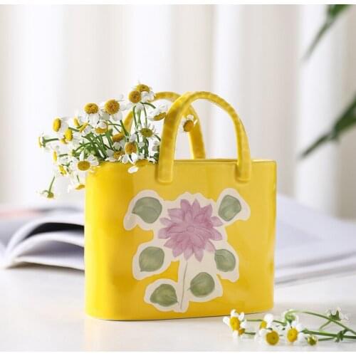 Japanese Ceramic Handbag Vase Painted Small Flower Pot Basket Desk Aesthetic Cute Room Home Decoration Accessories
