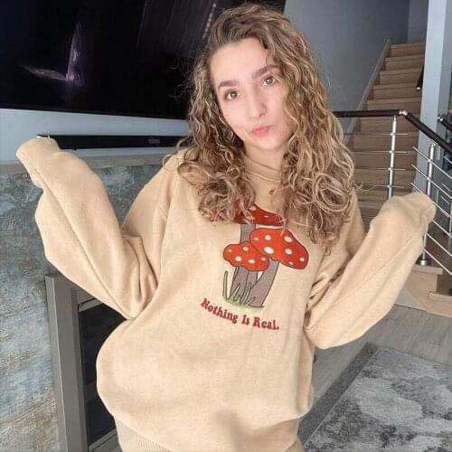 Women Mushroom Embroidery Kawaii Oversized Sweatshirt Crewneck Long Sleeve Hoodie Autumn Casual Pullover Harajuku 90s Streetwear