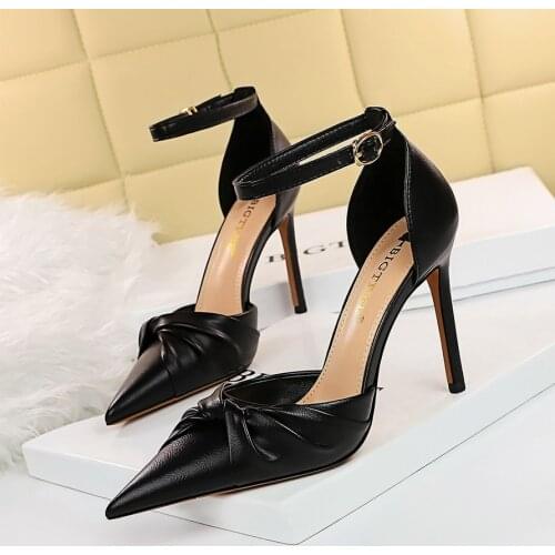BIGTREE 2021 Autumn Fashion PU Pleated Wedding Ladies Pumps Womens Shoes Sexy Ankle Strap Thin Heels Pointed Shallow Elegant