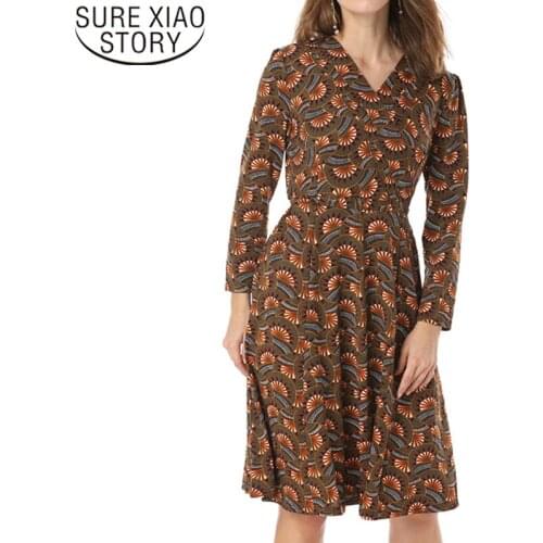 2019 Long Sleeve Dress Print Office Lady Plus Size Empire V-neck Elegant Dress Ladies Dress Fashion Spring Women Dresses 3924 50