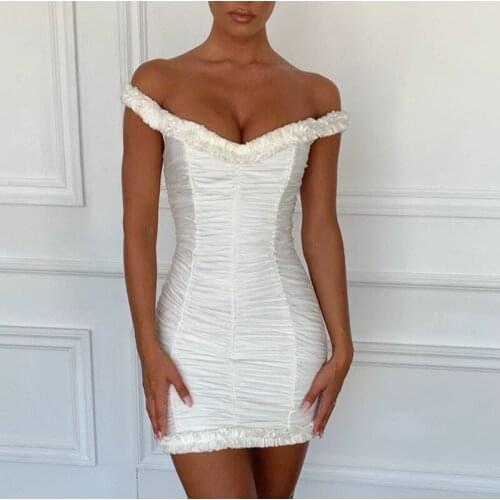 White Slash Neck Off The Shoulder White Mini Bodycon Celebrity Women Dress Evening Party Dress