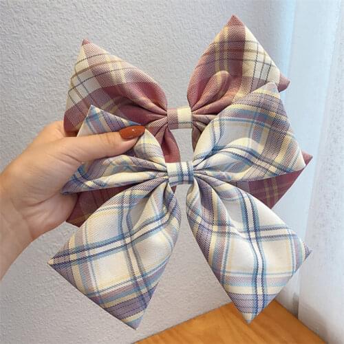 Popular Korea Janpan Kawaii Girl Bow Hairgrip Oversized Hair Bow Barrette Big Yarn Dyed Plaid Bowknot for Women Hair Accessories