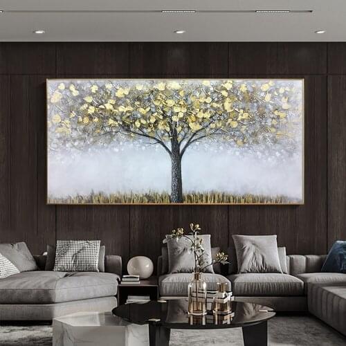 Abstract Oil Painting Handmade Golden Gray Fortune Tree On Canvas Artwork Paintings Large Salon Decoration Thick Texture Oil