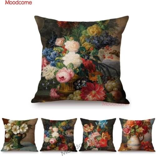 Antique Classic Flower Pot Still Life Oil Painting Art Rose Daffodil Tulip Royal Throw Pillow Cover Cotton Linen Cushion Cover