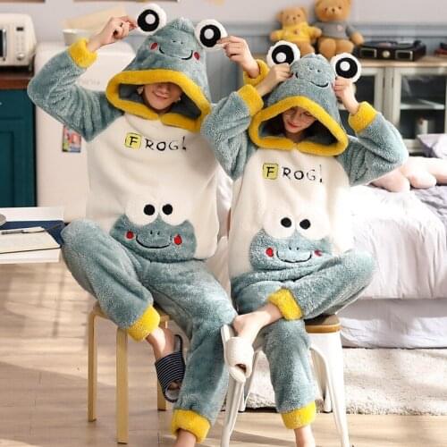Unisex Adult Flannel Sleepwear Hooded Warm Couple Pajama Sets Long Sleeve Pyjamas Cartoon Cute Homewear Female Winter Home Suit