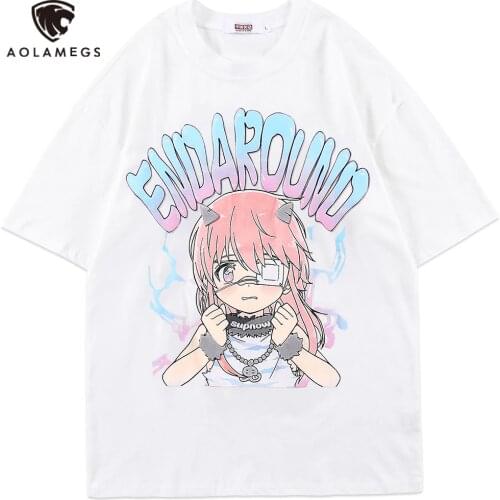Aolamegs T-shirt Men Anime Girl Print Horns Letter Patch Streetwear Baggy Fashion Japanese Harajuku Tee Tops Summer Men Clothing