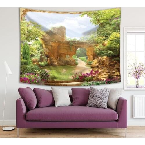 Tapestry Arch Overlooking a Garden Blossoming Bushes Trees Plants Ancient Ruins on Background Sunny Day View Green Blue Brawn