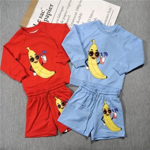 Spring and summer new children boys and girls banana print blue orange sweater shorts set