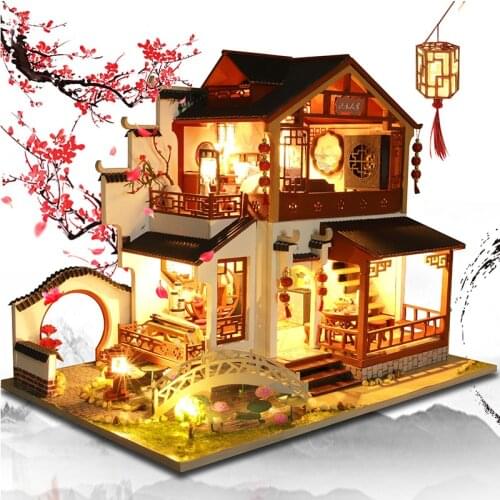 New Chinese Style Cottage Doll House Furniture Assemble Wooden Miniature Diy Dollhouse Puzzle Educational Toys For Children Gift