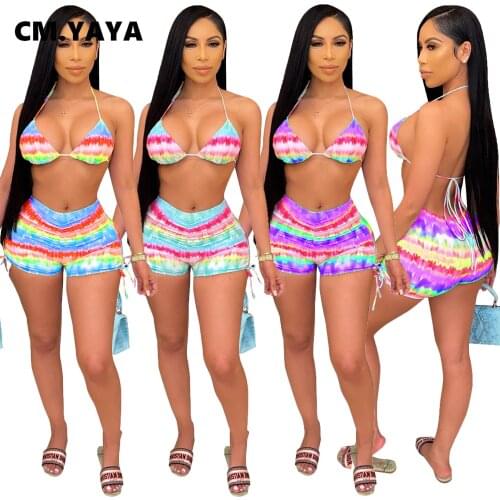 CM.YAYA Summer Bikinis Set Women Halter Bandage Wire Free Low Waist Sheath Elastic Shorts Swimsuits 2 Piece Set Beachwear 2021