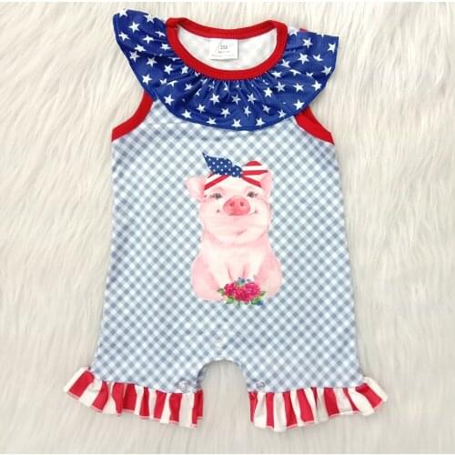 July 4th infants summer fashion romper Word shoulder design and cute pig pattern jumpsuit girl boutique rompers