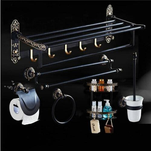 MAEBOW Black Aluminum Bathroom Hardware Set Bath Towel Shelf Toilet Brush Towel Bar Bathroom Set
