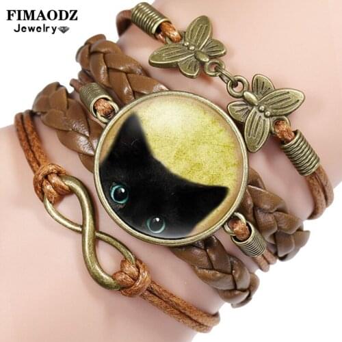 FIMAODZ Cute Black Cat Bracelet Love Cats Infinity Handmade Animal Glass Photo Multilayer Leather Bracelets Fashion Bangle