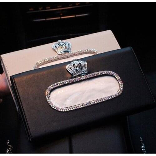 Fashion Crown Crystal Car Tissue Box Sun Visor Leather Car Tissue Bag Sunvisor Hanging Holder Case Napkin Car Accessories