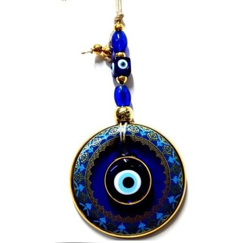 Eye big size 14 cm diameter gold gilded and colorful patterned glass blue evil eye wall hanging ornament-English evil eye bead