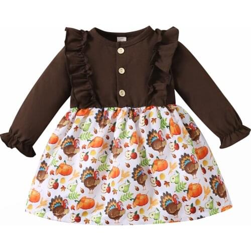 Toddler Baby Girls Casual Long Sleeve Dress Cartoon Thanksgiving Print Stitching Round Neck A-line Dress Outfit