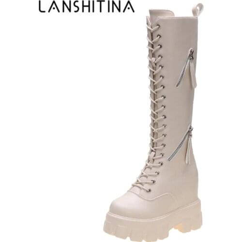 New Winter Women Knee High Boots Wedges High Heels 11CM Platform Lace up Long Boots Plush Inside Warm Fur Shoes Motorcycle Boots