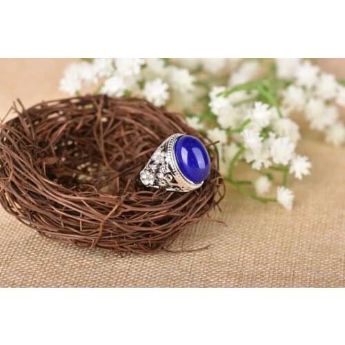 Silverware S925 Sterling Silver Inlaid Natural Afghan Lapis Lazuli Flower Open Ended Ring