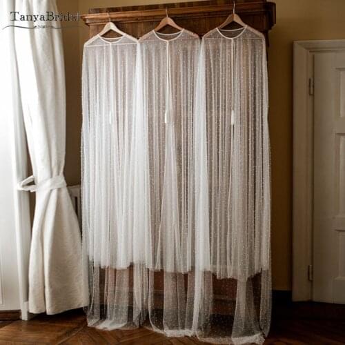 Striking Pearls Wedding Cape Illusion Tulle Bridal Shawl Elegant Long Jacket coprispalle bolero novia 2m length DJ002